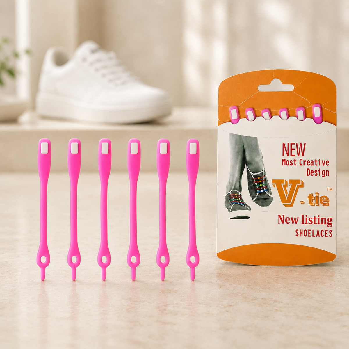Six pink silicone no-tie shoelaces with white accents, next to their orange and white packaging. A white shoe is blurred in