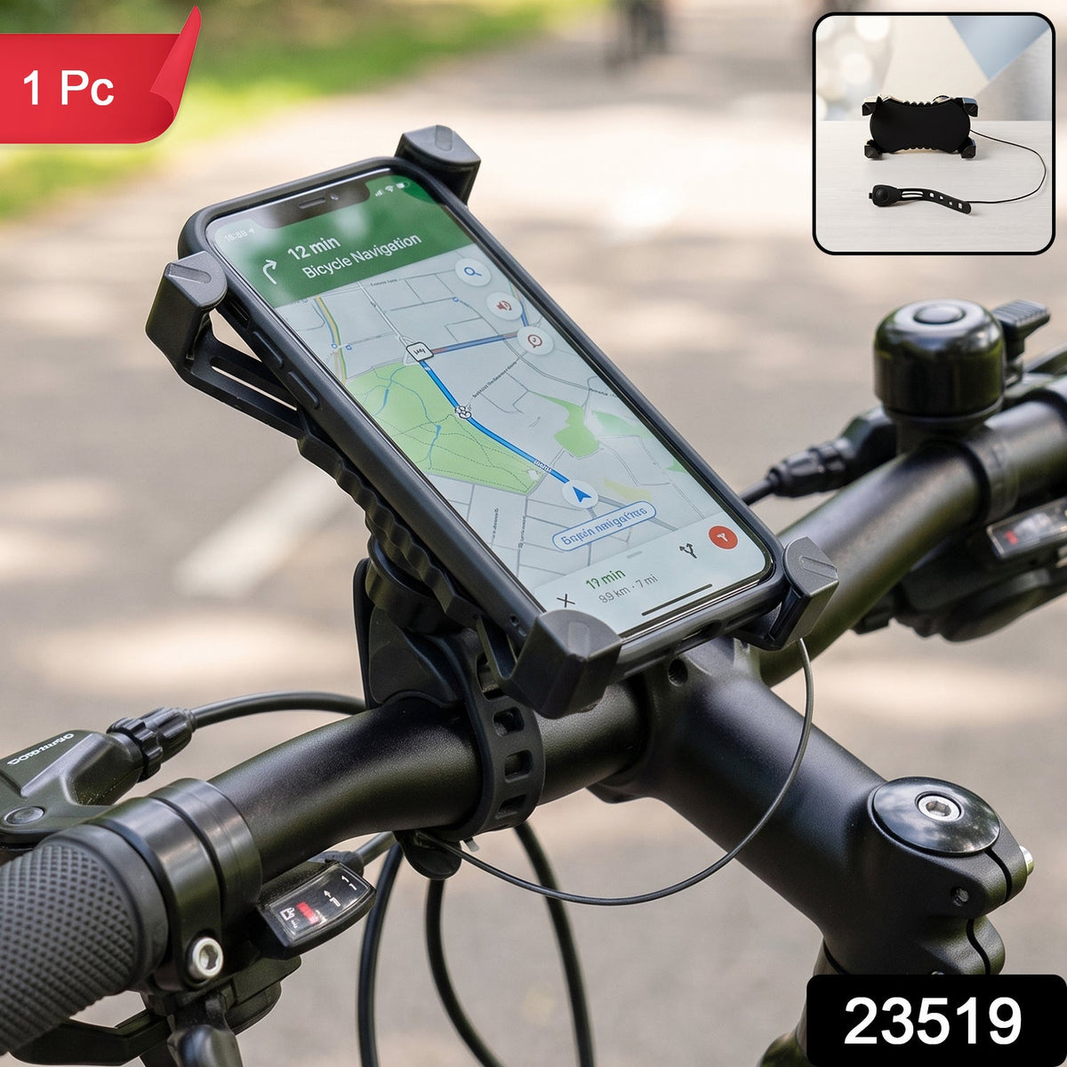 A black phone holder with a phone displaying a map is mounted on bicycle handlebars, withsmall horn shown in the corner