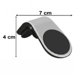A silver and black magnetic car phone holder is presented on a white background.