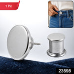 A silver metal button pin and lock on blue fabric with a small inset image of a person adjusting jeans.