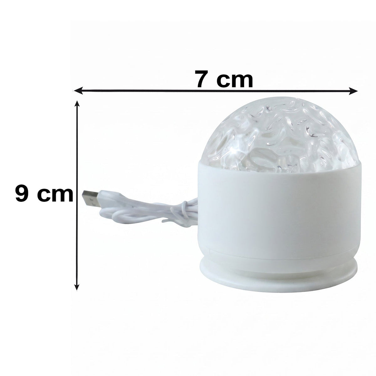 A white LED projection light with a clear textured dome and a white USB cable, showing dimensions of 7 cm width and 9 cm