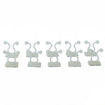 Five white plastic self-adhesive plant clips are arranged in a row on a plain white background.