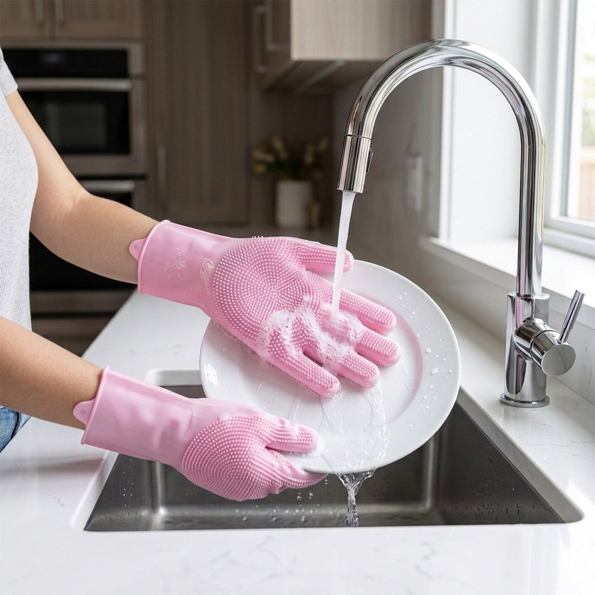 Hands wearing pink silicone gloves with scrubbing bristles washing a white plate under running water in a modern kitchen