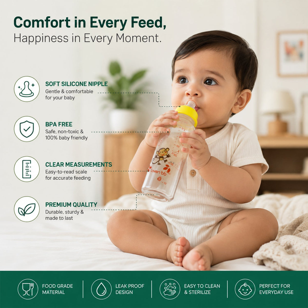 A baby in a white romper drinks from a clear glass baby bottle with a yellow nipple, surrounded by feature icons.