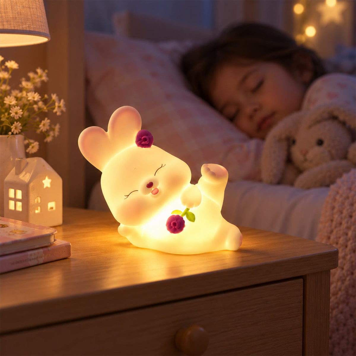 Close up of the reclining rabbit night light's face and details
