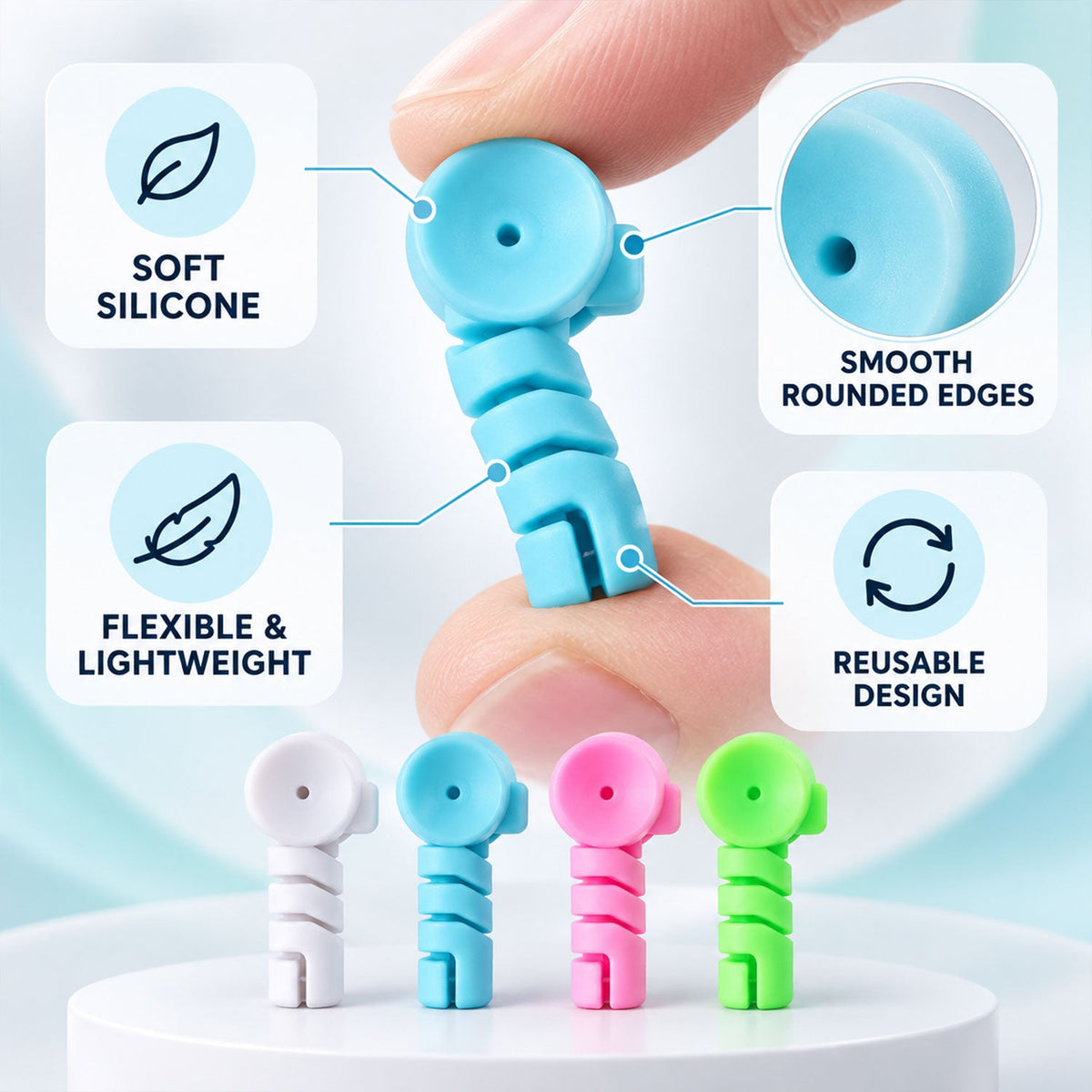 A hand holding a blue cable protector, highlighting its soft, flexible, and reusable silicone features.