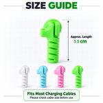 A green cable protector illustrating its 3.5 cm length, with three other colors below it and a size guide.