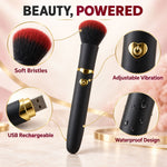 A black and red makeup brush with gold accents is shown with callouts for velvety soft bristles, polished gold-tone details,
