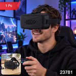 A man wearing a black VR headset with a small inset image of the headset on a table.
