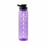 Motivational purple water bottle on white background