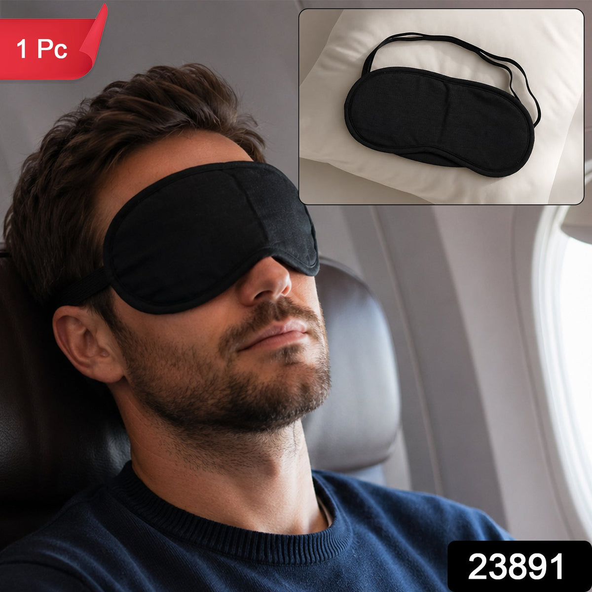 A man with a beard sleeps on an airplane wearing a black eye mask, with an inset of the mask on a pillow, and a "1 Pc" label.