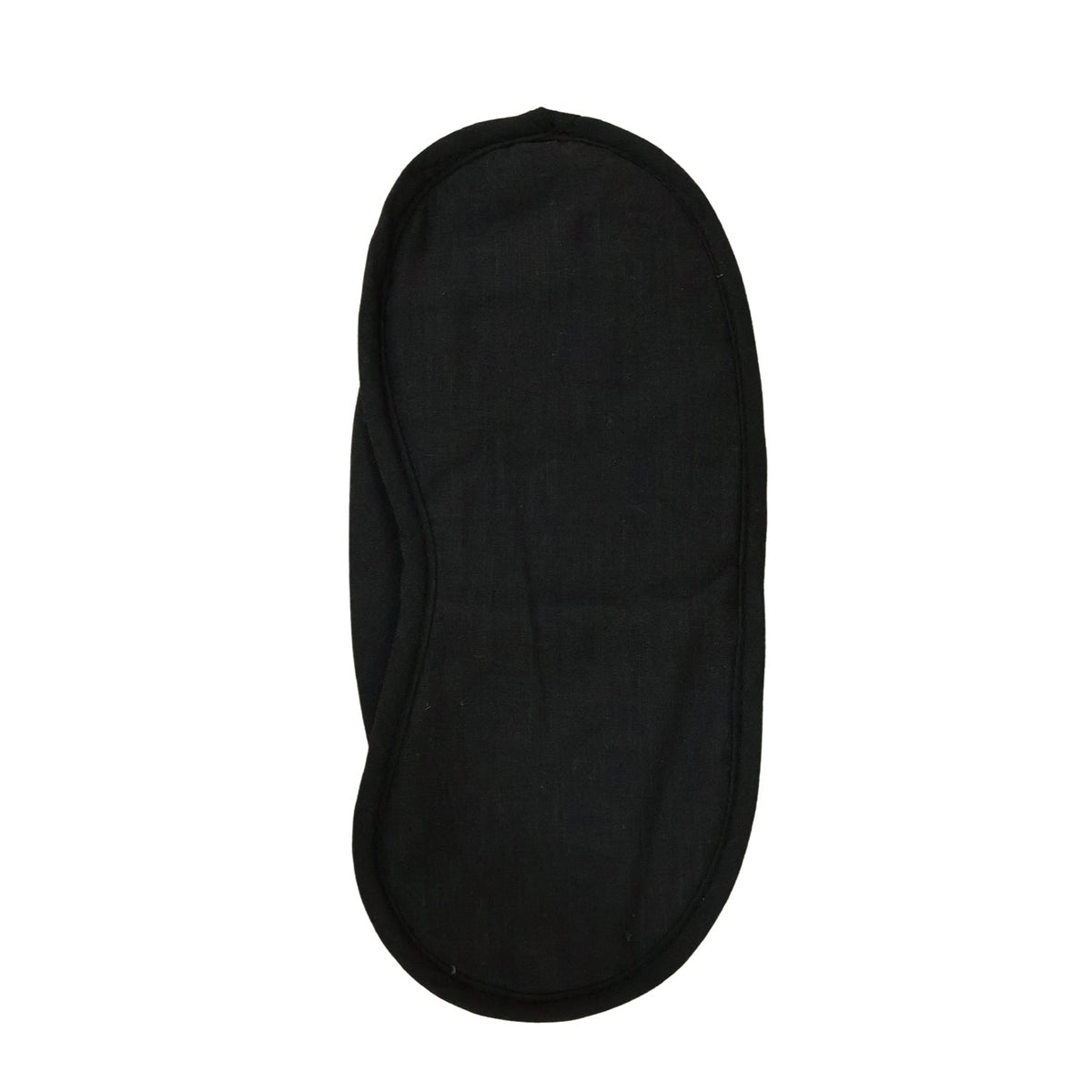 A black, padded eye mask with an elastic strap is shown from the back on a white background.