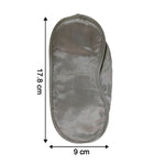 A grey satin sleeping eye mask on a white background with dimensions: 17.8 cm length and 9 cm width.