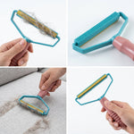 A four-panel collage showing the lint remover in use, collecting hair, and close-ups of its two different sides.