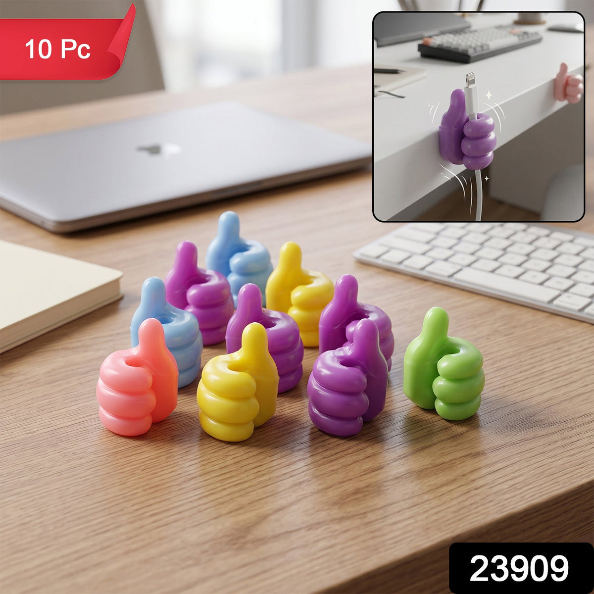 Ten colourful thumbs-up shaped adhesive clips on a wooden desk with a laptop and keyboard. The image has a red '10 Pc' label