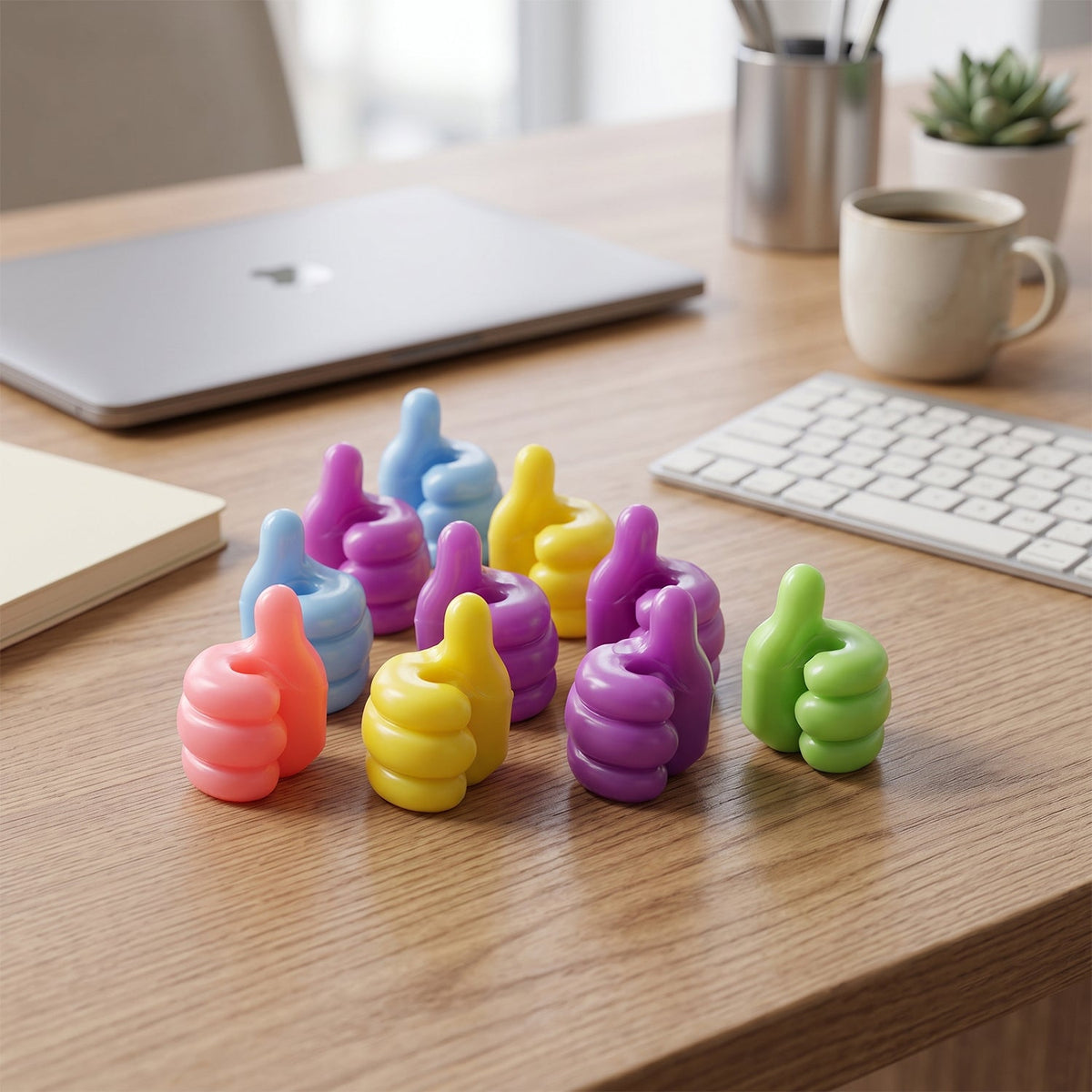 Ten colourful thumbs-up shaped adhesive clips are scattered on a wooden desk next to a laptop, keyboard, and coffee mug.