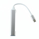 A silver Type C to four-port USB hub with a white cable and Type C connector on a white background.