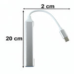 A silver Type C to four-port USB hub with a white cable and Type C connector, showing dimensions of 20cm and 2cm.