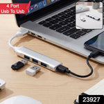 Silver 4-port USB hub connected to a laptop, with two USB drives plugged in, and a red text overlay '4 Port Usb To Usb' and