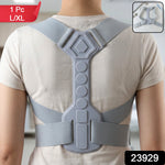 Back view of a person wearing a light gray posture corrector, with a red tag indicating "1 Pc L/XL" and a black tag "23929".