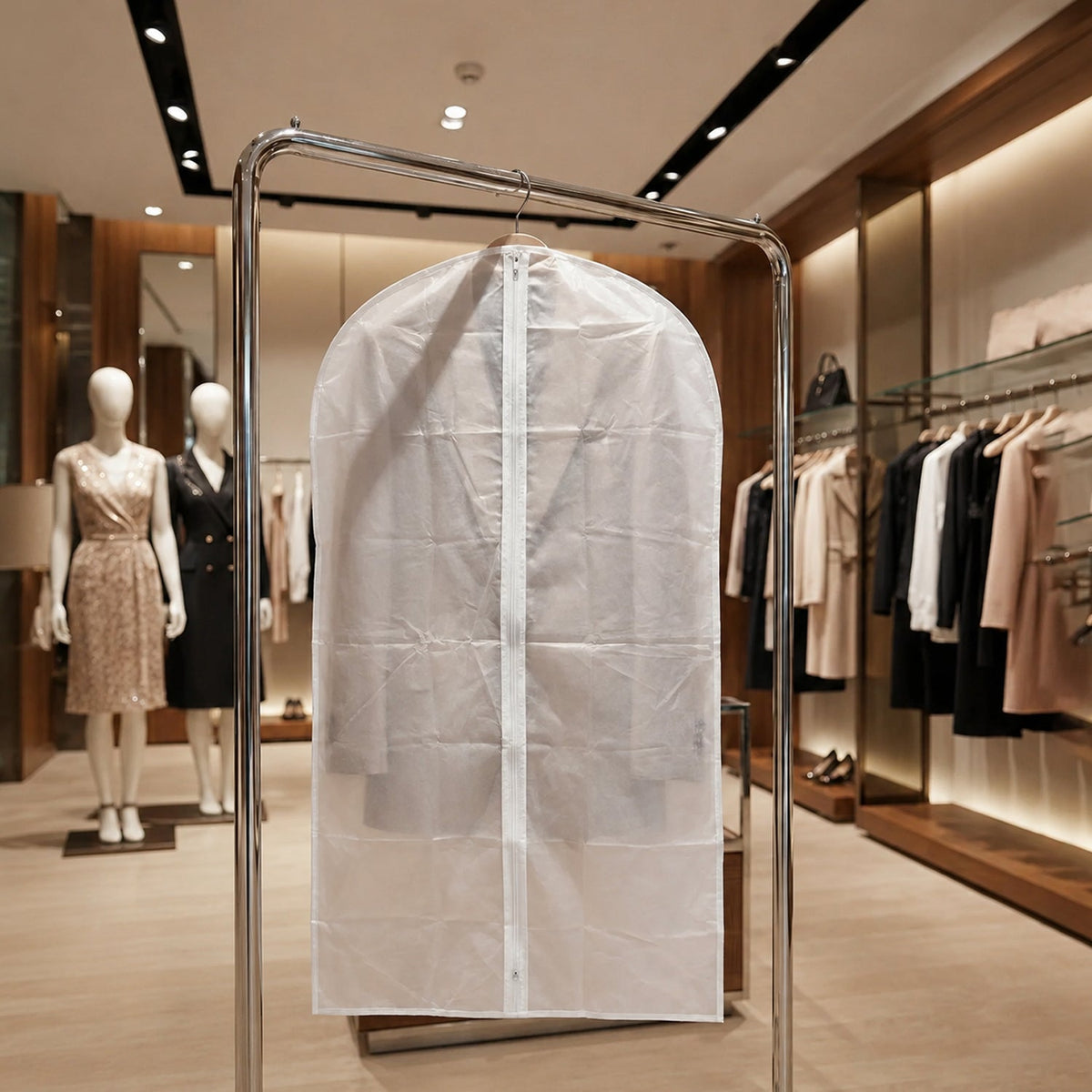 A translucent garment bag with a white zipper hangs on a metal rack in a clothing store with mannequins and racks of clothes.