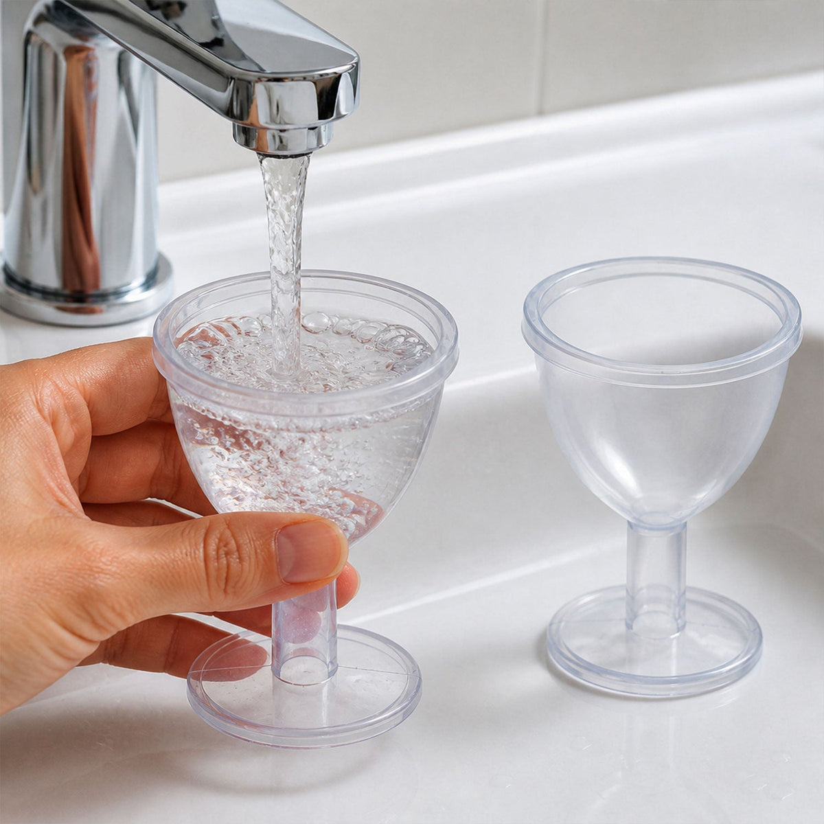 A hand holds a clear eye wash cup under a running faucet, filling it with water, while another empty cup sits on the white
