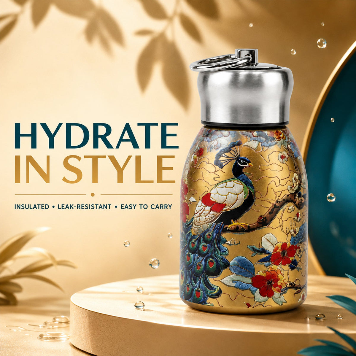 Insulated Stainless Steel Vacuum Water Bottle highlighting its peacock design feature.
