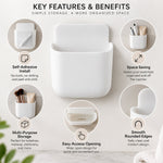 Infographic displaying key features of the white adhesive organizer, including self-install and multi-purpose storage.