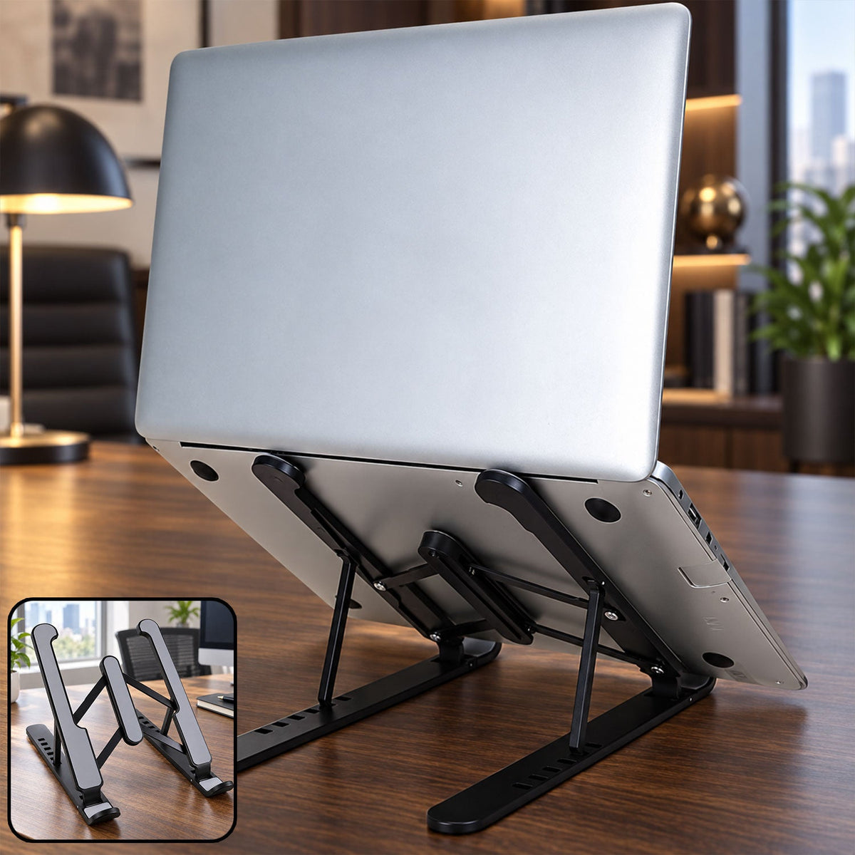 A silver laptop rests on a black adjustable stand, angled upwards on a wooden desk with office background.