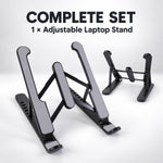 Two black and gray adjustable stands are shown, one unfolded and one folded, on a light gray surface.