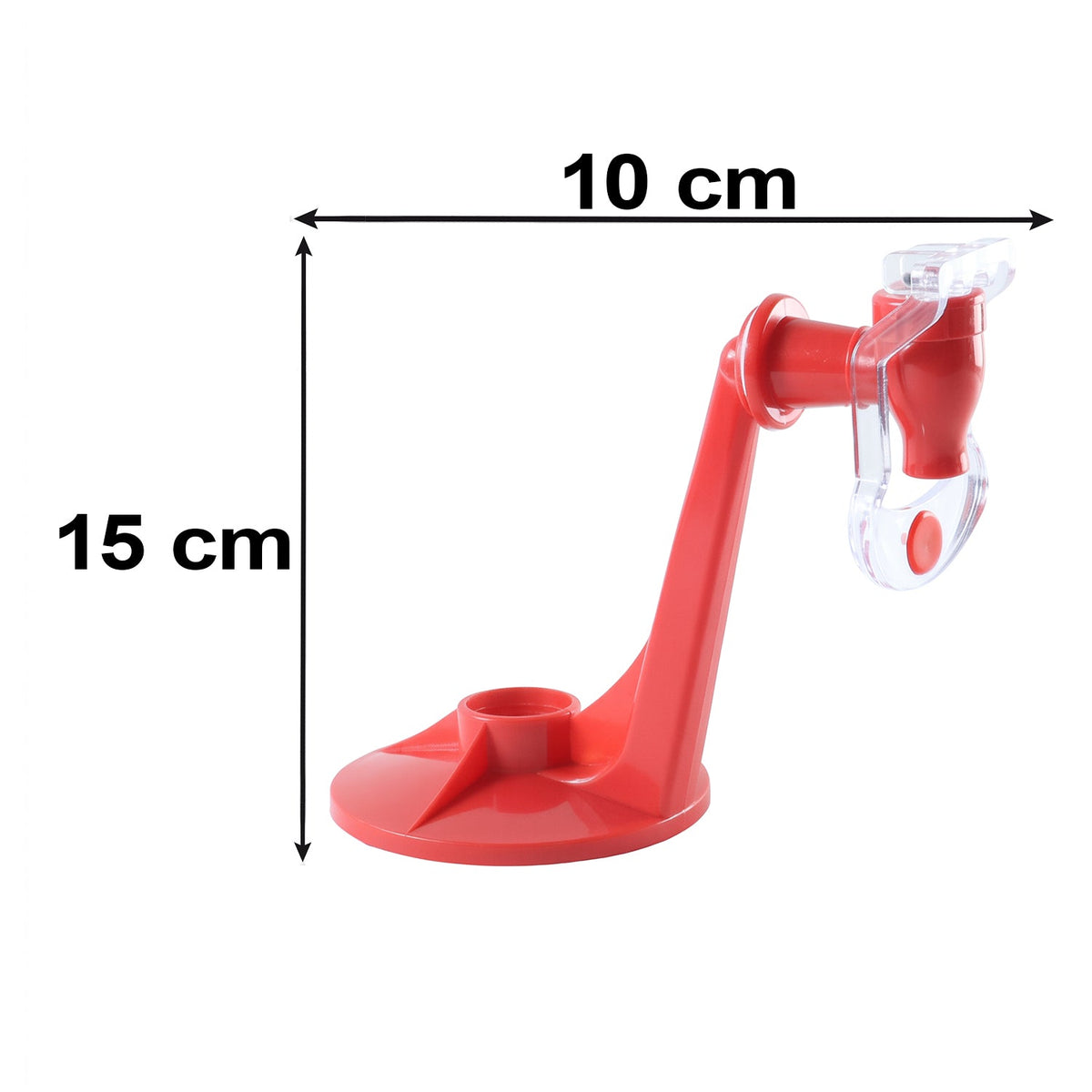 A red plastic beverage dispenser with a clear tap, showing dimensions of 10 cm width and 15 cm height.