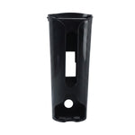 A black plastic bag dispenser with a rectangular opening and a circular opening on a white background.
