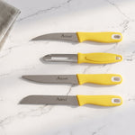 Durable kitchen knives made from stainless steel with ergonomic plastic handles.
