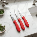 Assorted kitchen knives showing serrated, curved, and straight blades