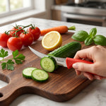 Stainless steel knife slicing cucumber on a cutting board