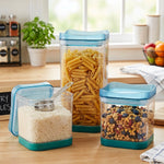 Organized kitchen with stackable airtight containers on shelves