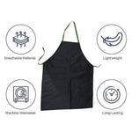 A black apron with green ties on a white background, surrounded by four circular icons highlighting features.