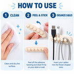 Three-step guide showing how to clean a surface, peel and stick the organizer, and insert cables into the slots.