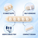 Beige flower-shaped cable organizer clip with callouts for 5 cable slots, self-adhesive, keeps cables tidy, and compact