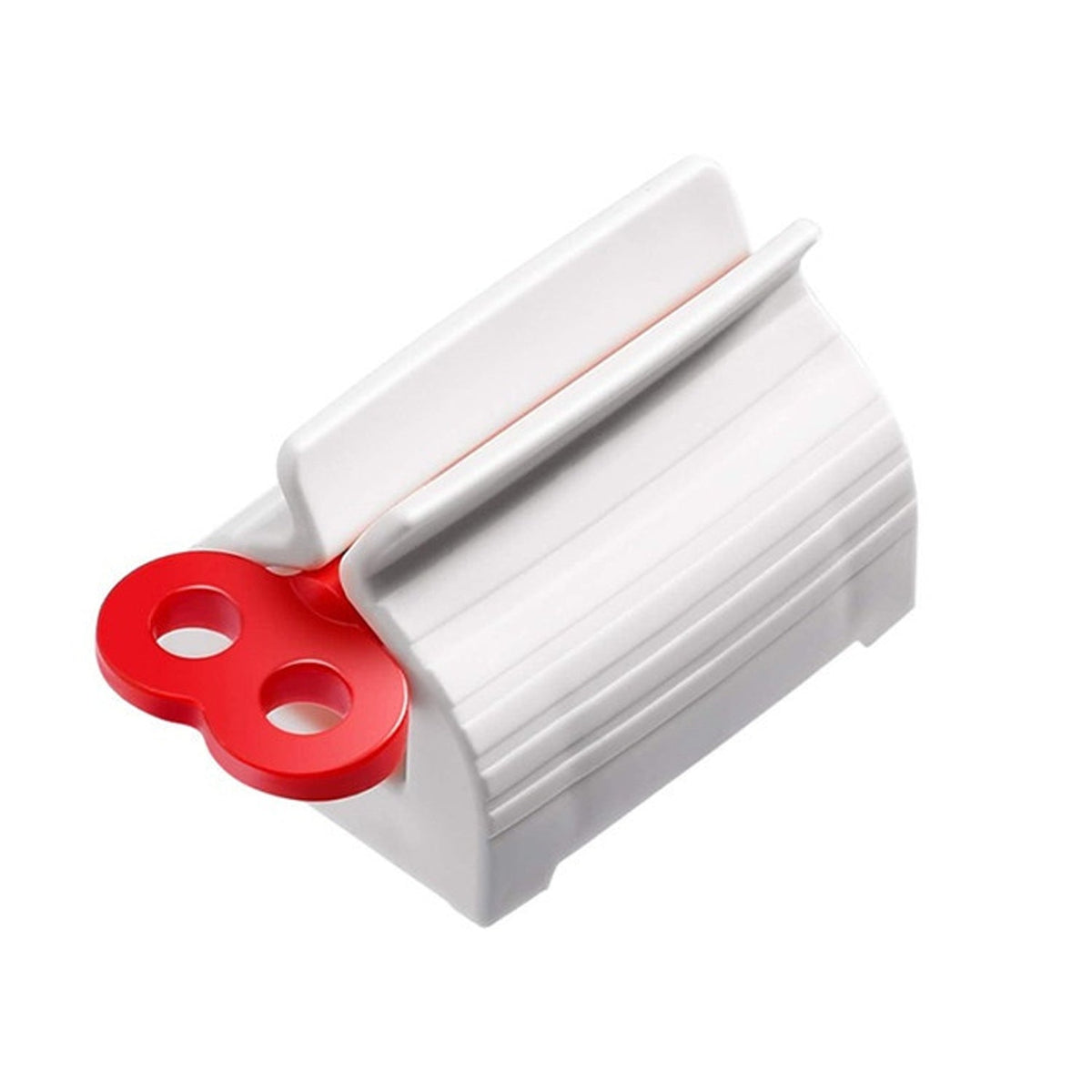 A white plastic tube squeezer with a red winding key is shown on a white background.