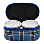 Close-up of the leak-proof plastic lids on stainless steel food containers.