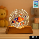 Close-up of glowing 3D creative visualization LED lamp on wooden base