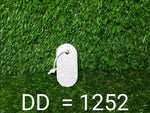 An oval grey pumice stone with a white rope is centered on a vibrant green artificial grass background.