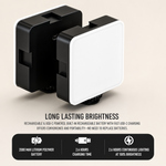 Two black and white square LED video lights with diffusers, one slightly behind the other, on a light background.