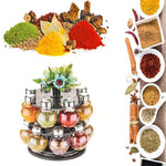 Revolving spice rack with 16 transparent jars, showcasing organized spices.