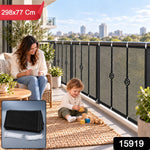 A woman and child on a balcony with a black mesh safety net installed on the railing, with product dimensions and number.