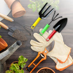 Close-up of the durable garden tool set in bright colors, ready for use.