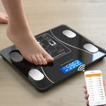 Bluetooth-enabled body fat scale connecting to a smartphone app.