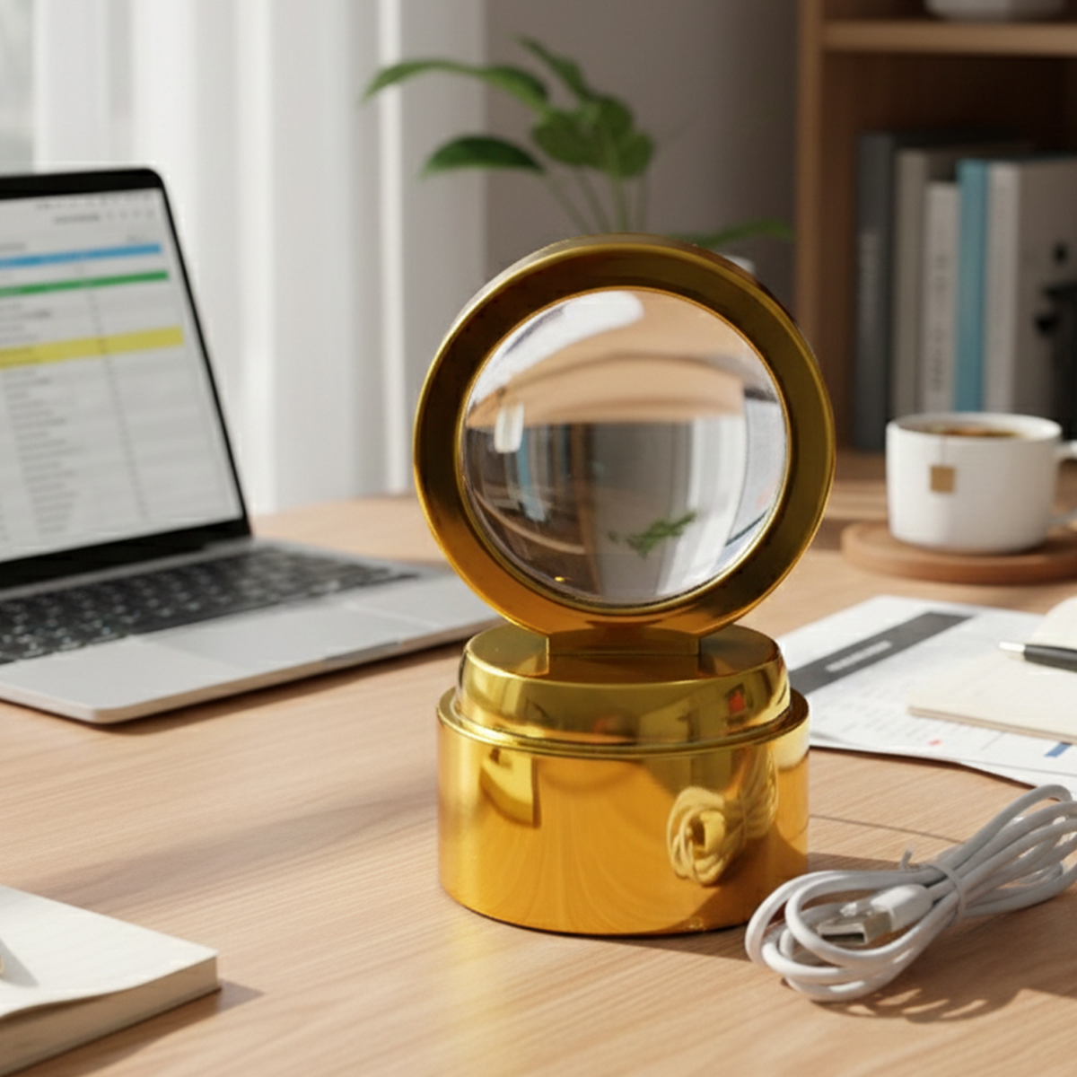 A golden lamp with a clear crystal stands on a wooden desk with a laptop, coffee cup, and white USB cable.