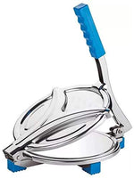 A stainless steel puri press with a blue handle and blue feet is shown from a slightly elevated angle.